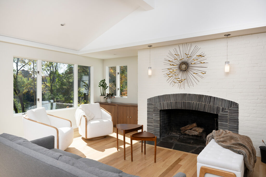 Pondside mid century fireplace sitting room